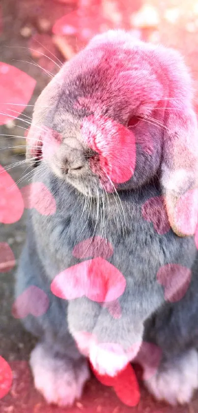 Adorable grey bunny sitting upright on a soft, natural surface.