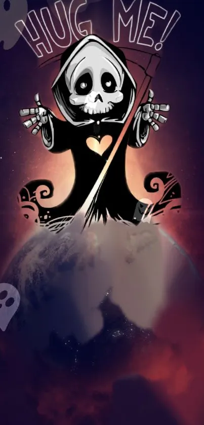 Cartoon Grim Reaper with heart surrounded by dark, cosmic background.