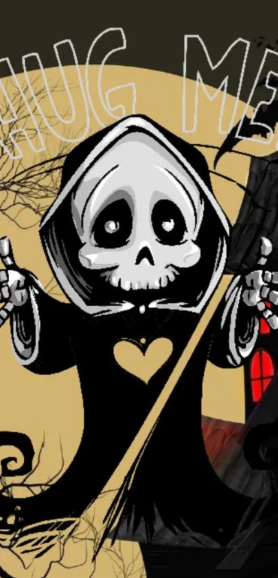 Adorable Grim Reaper character in cartoon design with a heart on chest.