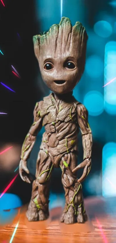 Groot figure with glowing blue lights mobile wallpaper.