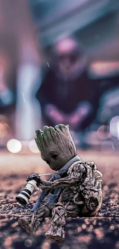 Cute Groot holding a camera with bokeh lights background.