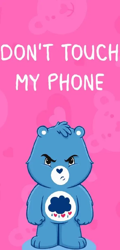 Grumpy blue bear on a pink background wallpaper.