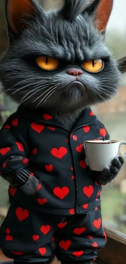 Grumpy cat in heart pajamas holding a cup.