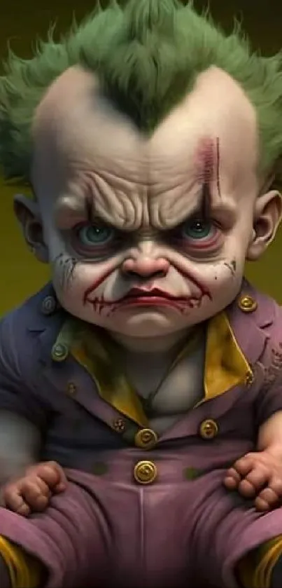 Cute yet grumpy clown with vibrant hair and colors.