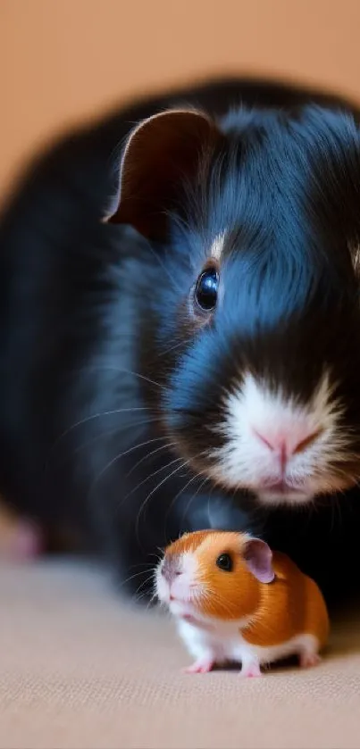 Cute large and small guinea pig duo on a neutral background.