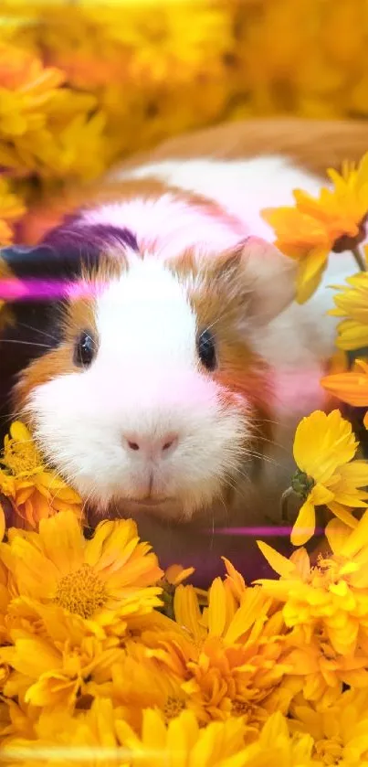 Cute guinea pig surrounded by bright yellow flowers.