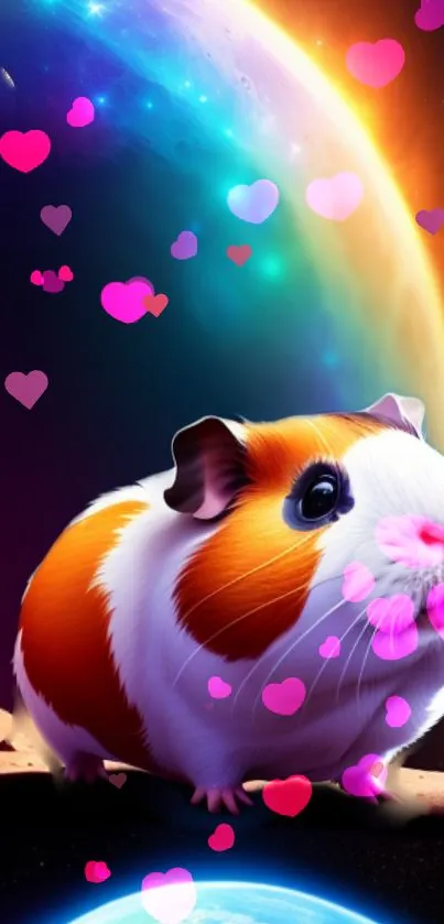 Cute guinea pig with hearts in space background.