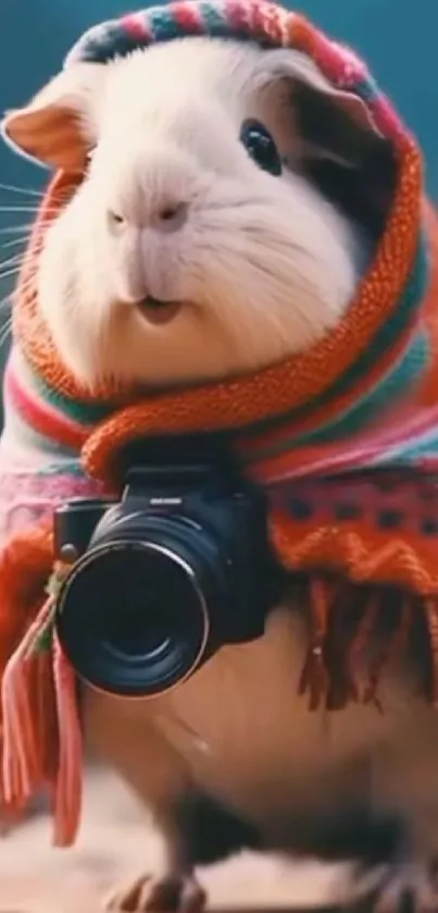 Guinea pig wearing colorful scarf with camera.