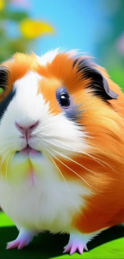 Cute guinea pig in a colorful garden background.