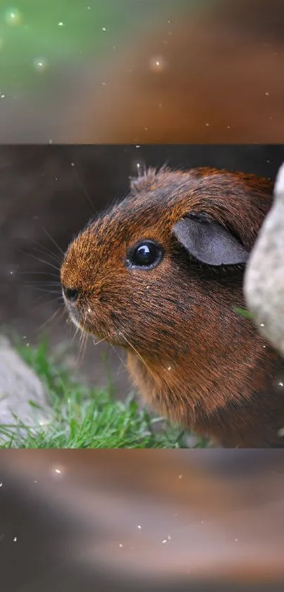 Curious guinea pig peeking between rocks in nature scene.