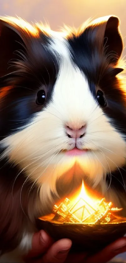 Cute guinea pig holding glowing object with a mystical background.