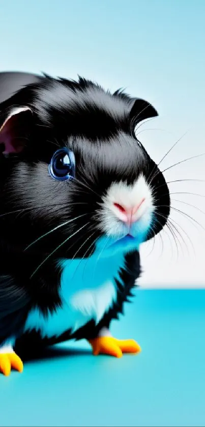 Cute black guinea pig with blue background, perfect for phone wallpaper.