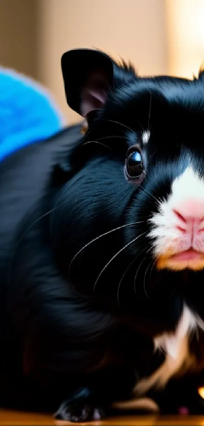 Cute guinea pig with a blue fluffy accessory on its back, on a wooden floor.