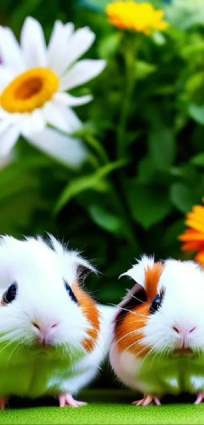 Two cute guinea pigs with colorful flowers in the background.