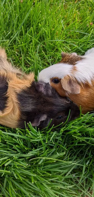 Two guinea pigs cuddle on lush green grass wallpaper.