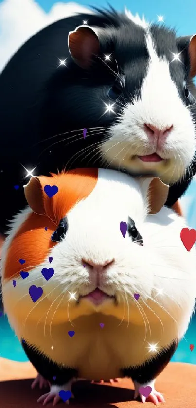 Two adorable guinea pigs stacked together in a sunny outdoor setting.