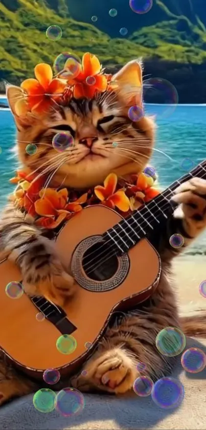 Cat with flowers playing guitar on beach amidst bubbles.