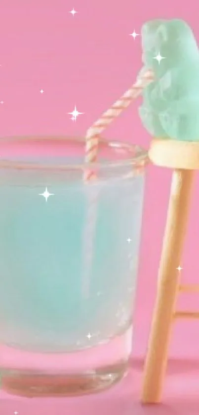 Playful pastel gummy bear and drink image.