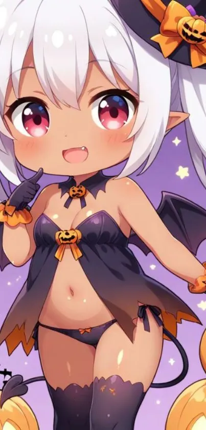 Cute chibi anime character in Halloween costume with pumpkins.