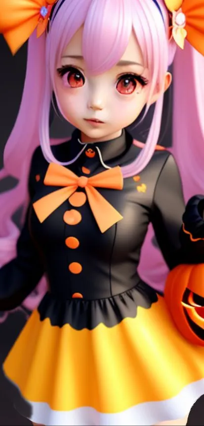 Adorable anime girl in a Halloween-themed outfit with orange accents, holding a pumpkin.