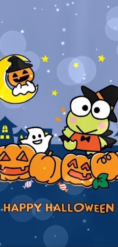 Cute cartoon Halloween wallpaper with pumpkins and ghost.