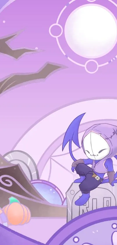 Cute cartoon character in a purple Halloween night setting.