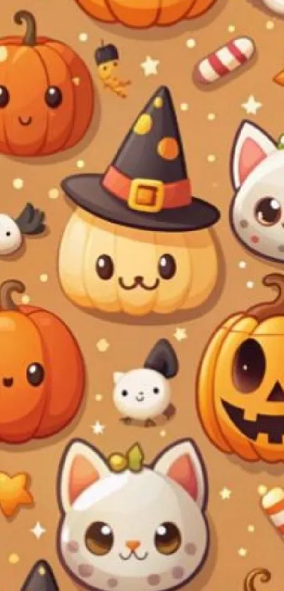 Cute Halloween cartoon pumpkins and cats wallpaper design.