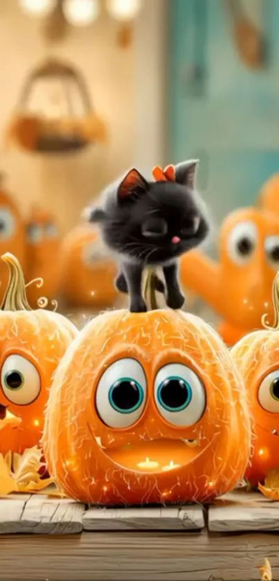Black kitten on smiling pumpkin scene.