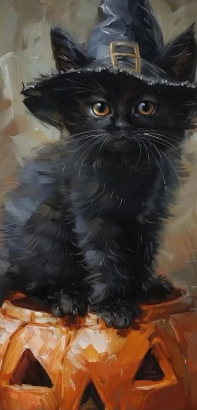 A black kitten wearing a witch hat sits atop a pumpkin, perfect for Halloween.