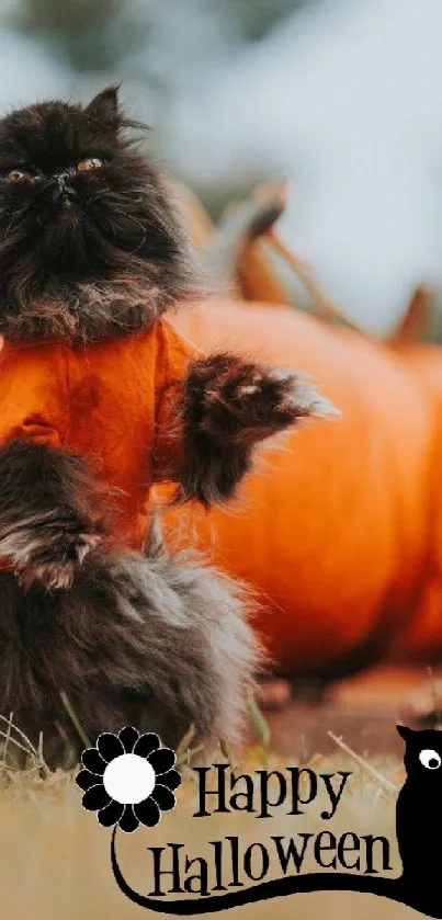 Fluffy cat in orange sweater with pumpkins on a lawn.