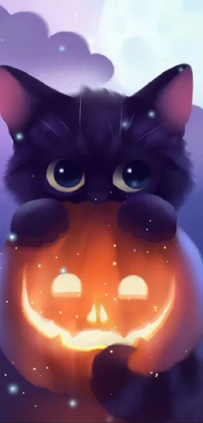 Cute cat holding glowing pumpkin in moonlit night.