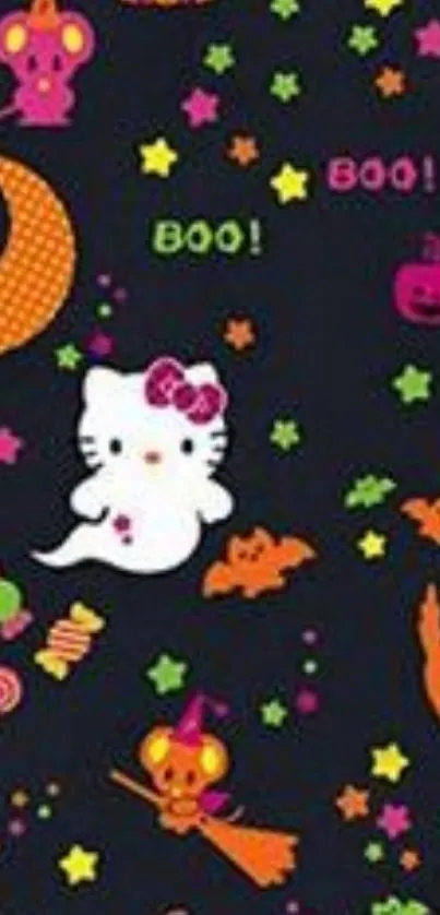 Cute Halloween wallpaper with stars, pumpkins, and cats.