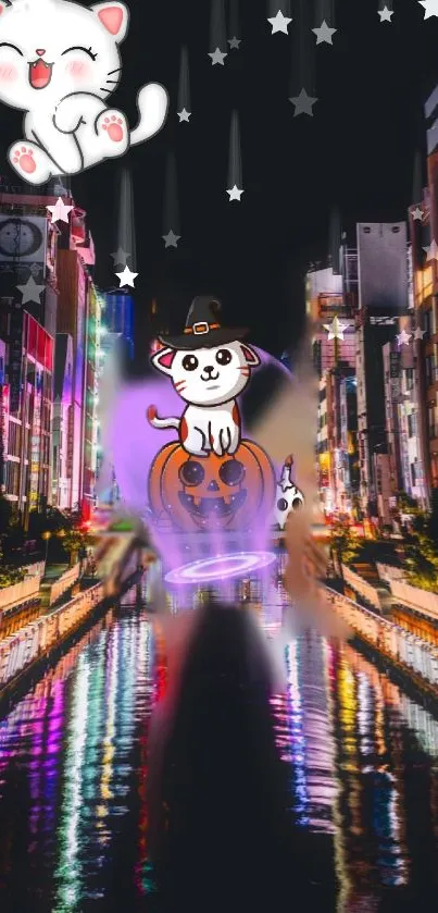 Cute Halloween cat in witch hat over city night scene with stars.