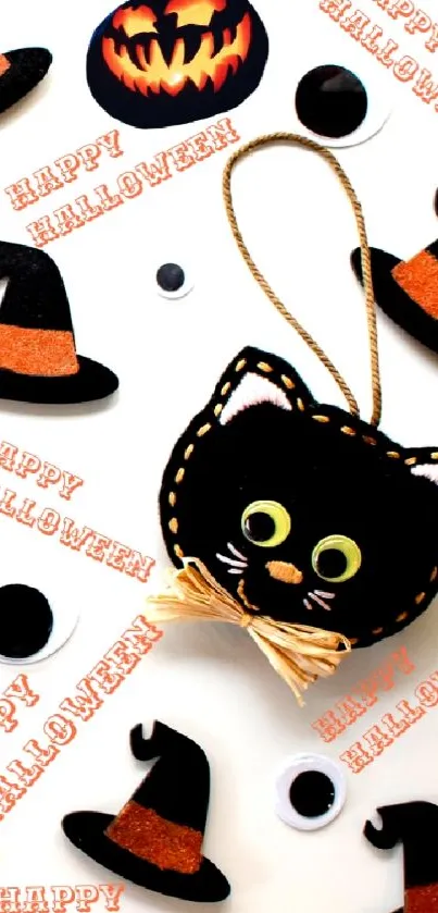 Cute Halloween-themed phone wallpaper with cat and hats.