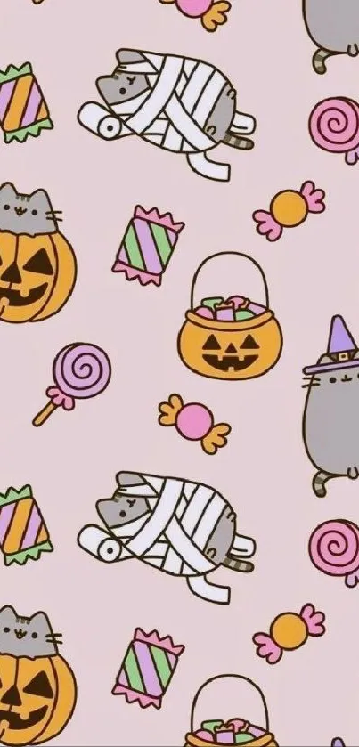 Cute Halloween mobile wallpaper with cartoon cats and candy.