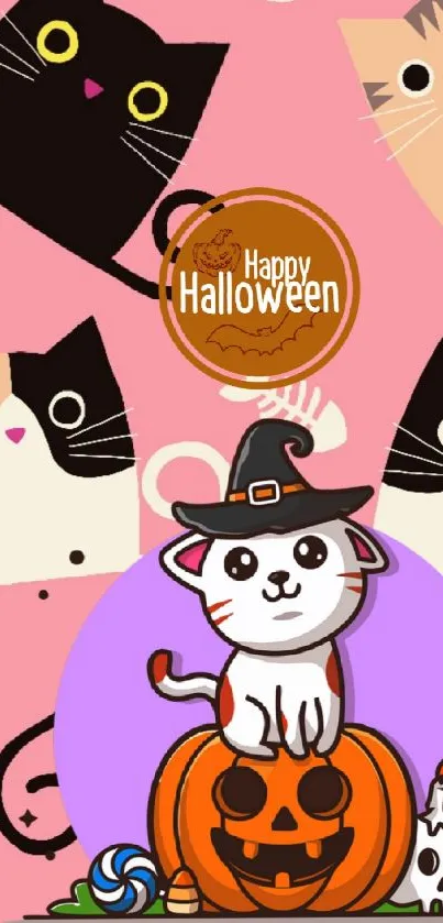 Cute Halloween cat with pumpkins and spooky decorations on pink background.