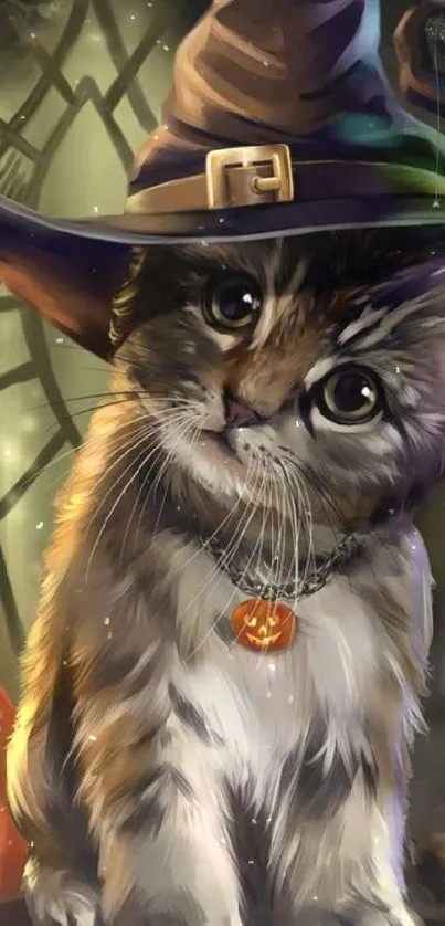 Adorable kitten wearing witch hat with Halloween theme background.