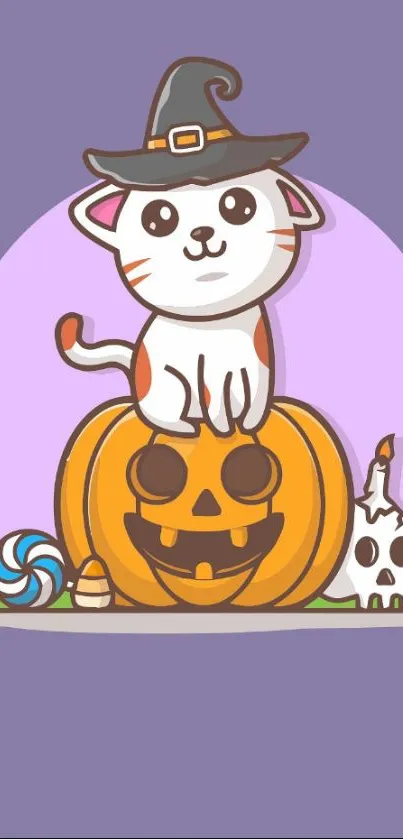 Cute Halloween cat with pumpkin and witch hat on purple background.