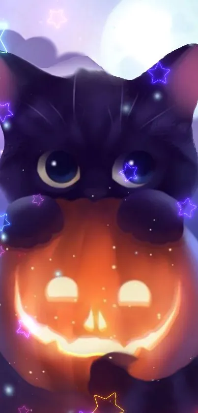 Cute black cat with glowing pumpkin and colorful stars.