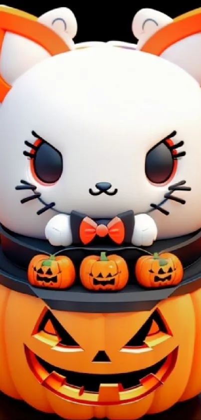 Kawaii cat sits in pumpkin surrounded by jack-o'-lanterns.