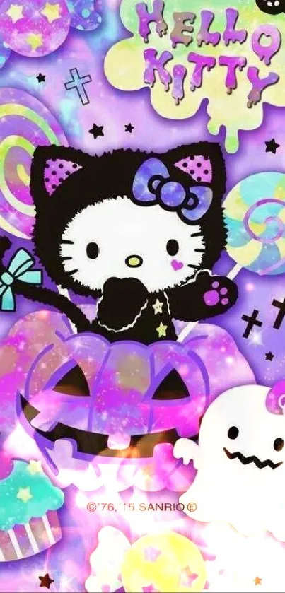 Cute cartoon cat in Halloween theme wallpaper with purple background.