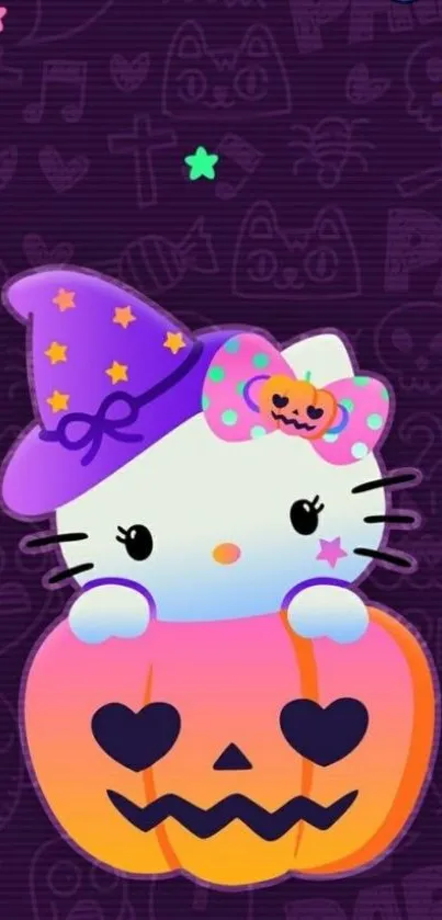 Cute white cat in a pumpkin with a purple Halloween theme.