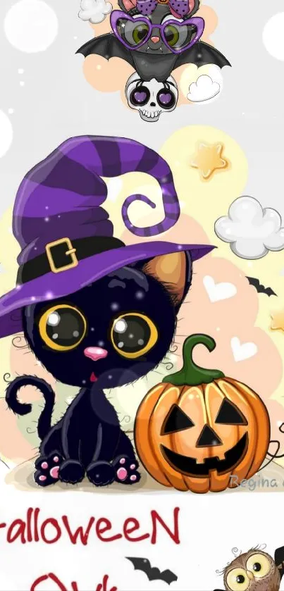 Cute Halloween black cat with pumpkin and bats.