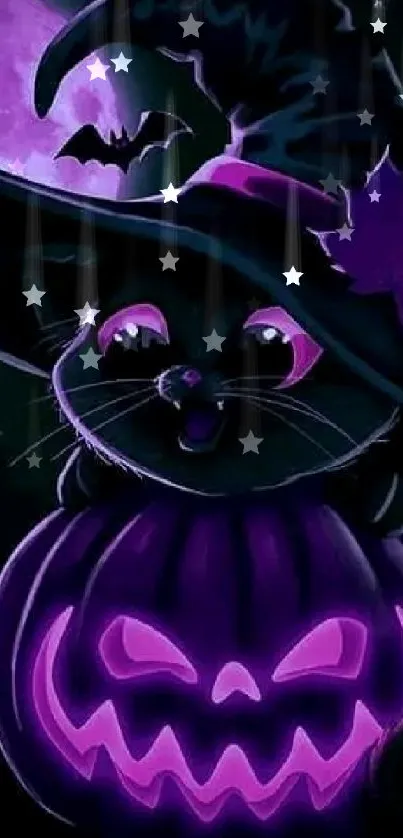 A cute black cat sitting on a glowing purple pumpkin with bats and a full moon.