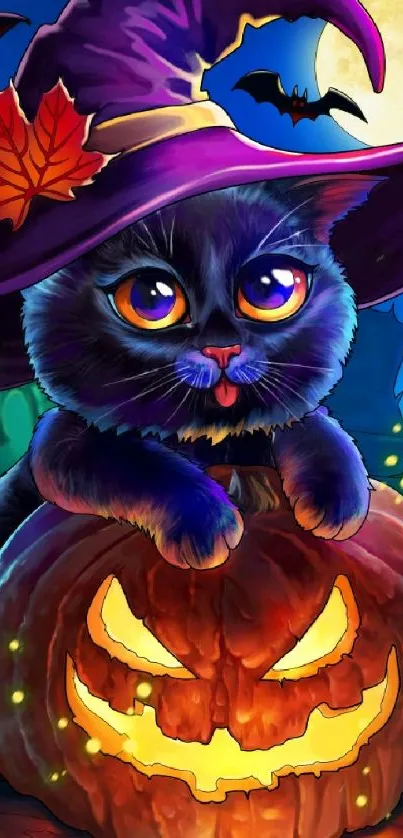 Cute cat in witch hat on pumpkin under moonlight.