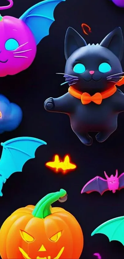 Cute Halloween-themed wallpaper with cats, bats, and pumpkins.