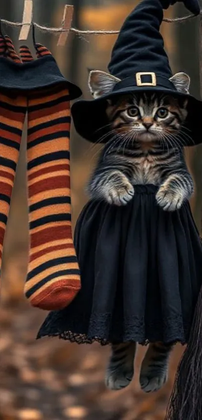 Adorable cat dressed as a witch with striped socks in a magical forest.