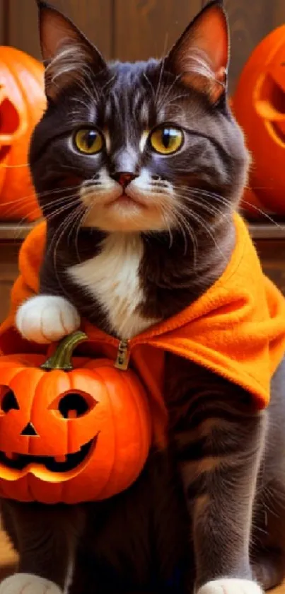 Cat in pumpkin costume with jack-o'-lanterns for Halloween.