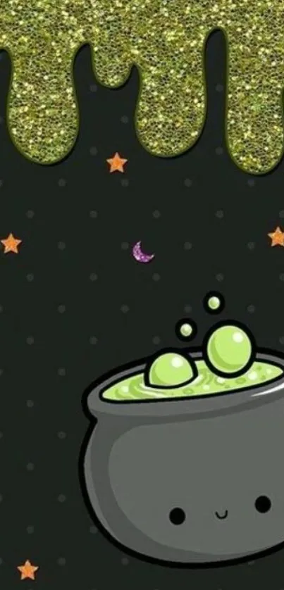 Cute wallpaper with a smiling cauldron and green slime drips on a dark background.