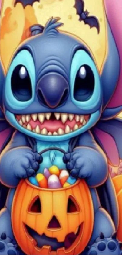 Cute blue creature with pumpkins and Halloween theme.